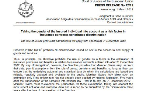 1226 | 欧洲被保险人性别不再影响保险费率